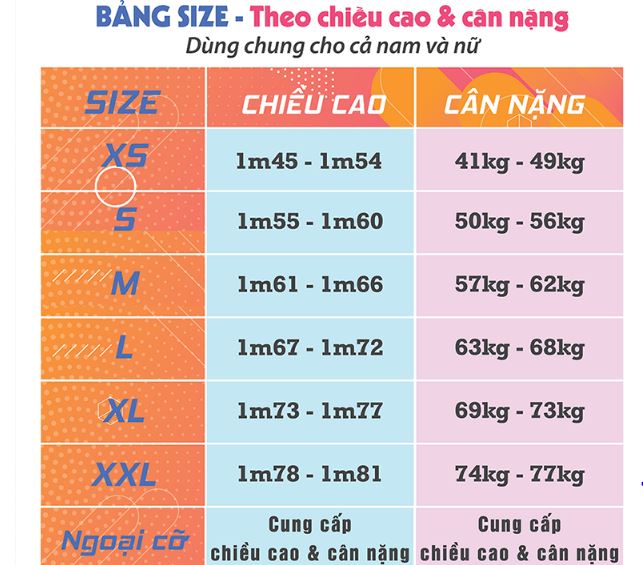 bảng size áo thun form rộng