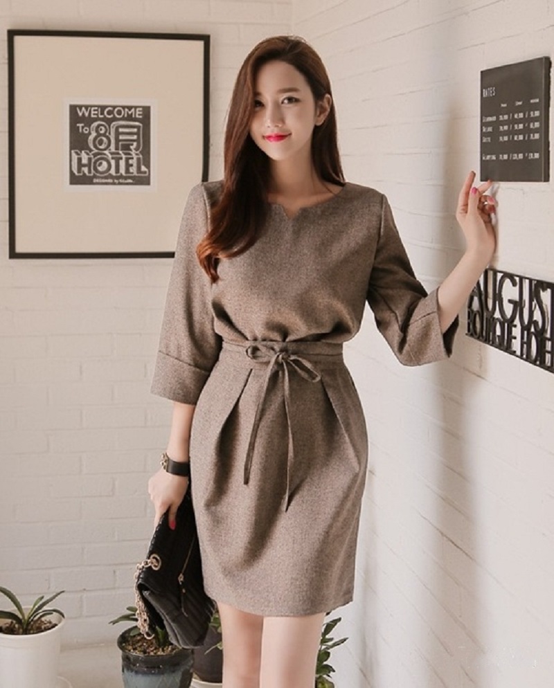 đồng phục văn phòng nữ đẹp Đồng phục váy đầm xám nữ công sở