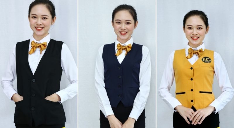 áo ghi lê đồng phục nhà hàng cho nhiều sự lựa chọn hơn với gile nhân viên bar màu xanh, đen và vàng