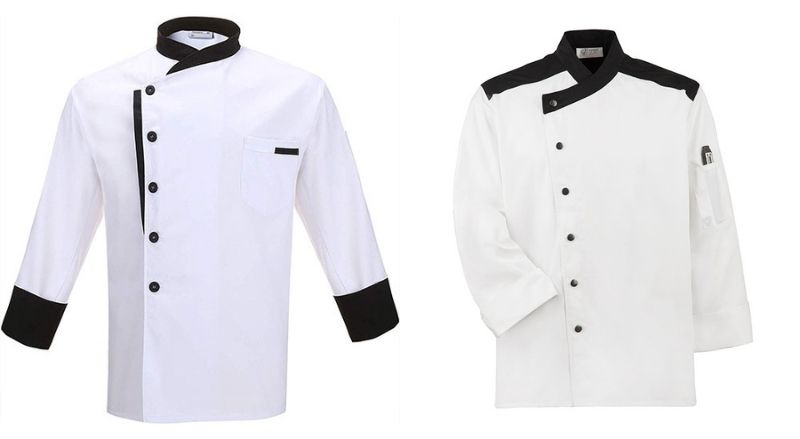 Những điểm như viền cổ, vai hay tay màu đen trên nền áo màu trắng tạo thành nét đặc biết cho chiếc áo bếp