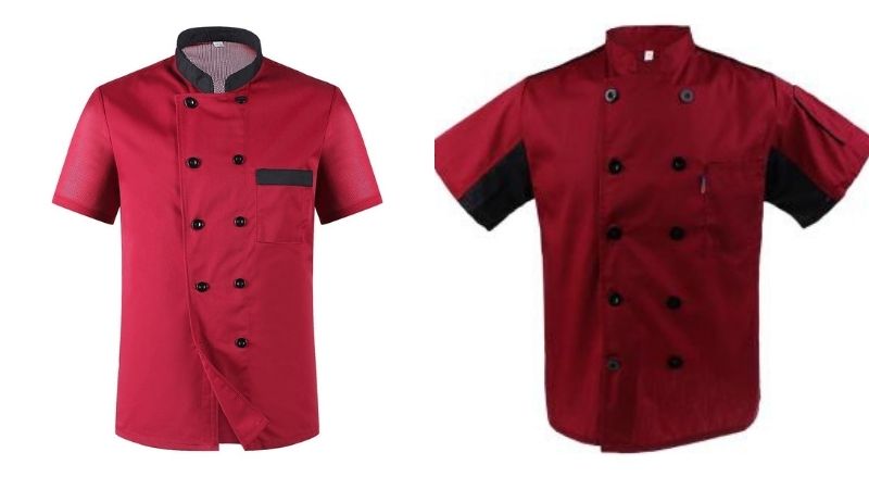 Áo bếp ngắn tay màu đỏ, điểm nhấn là cổ áo và hàng nút áo màu đen