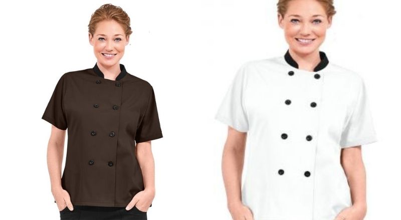 Áo đầu bếp nữ hai hàng nút với thiết kế tay ngắn đơn giản chỉ với 2 màu trắng và nâu