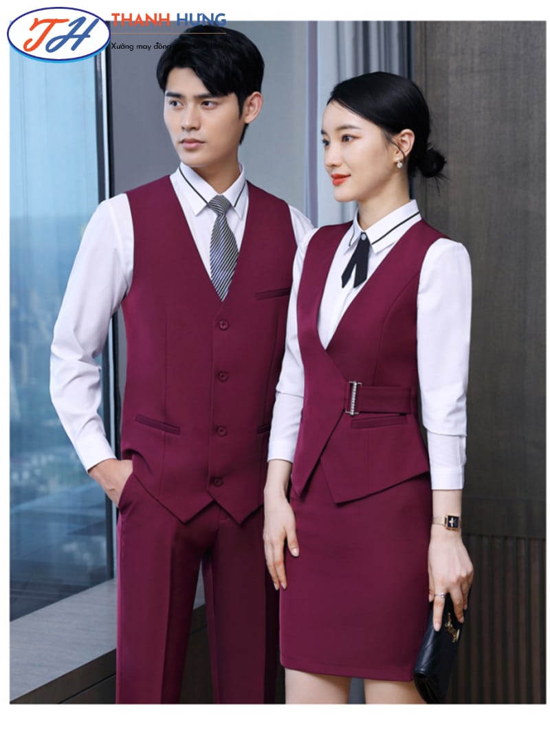 Mẫu áo gile bán hàng màu đỏ kem sơ mi trắng cho cả nam và nữ